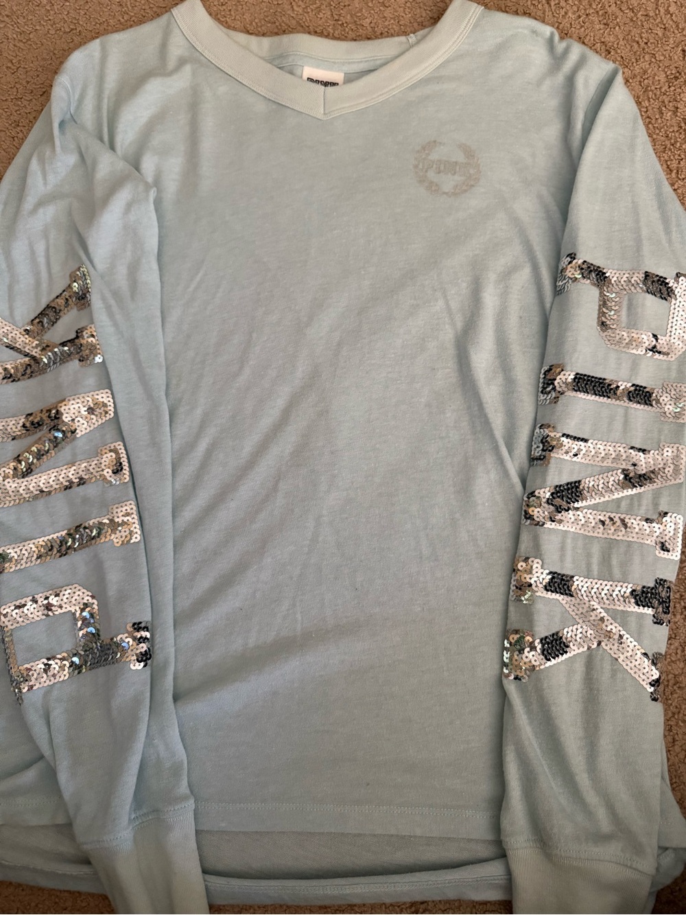 PINK Victoria's Secret Light Blue V-Neck Long Sleeve Tee with Sequin Sleeve Logo